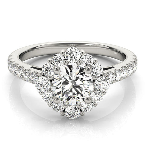 Silver Round Halo Diamond Ring with Pavé Band and Four-Prong Setting