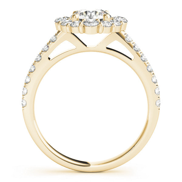 Yellow gold Round Halo Diamond Ring with Pavé Band and Four-Prong Setting