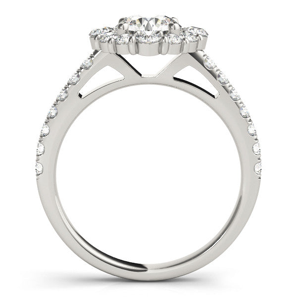 Platinum Round Halo Diamond Ring with Pavé Band and Four-Prong Setting