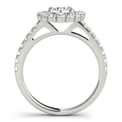 Platinum Round Halo Diamond Ring with Pavé Band and Four-Prong Setting