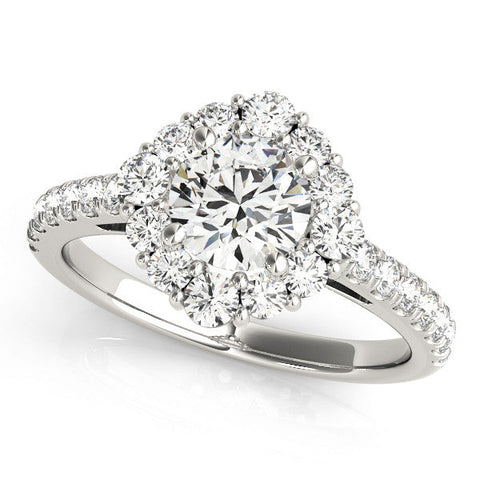 Silver Round Halo Diamond Ring with Pavé Band and Four-Prong Setting