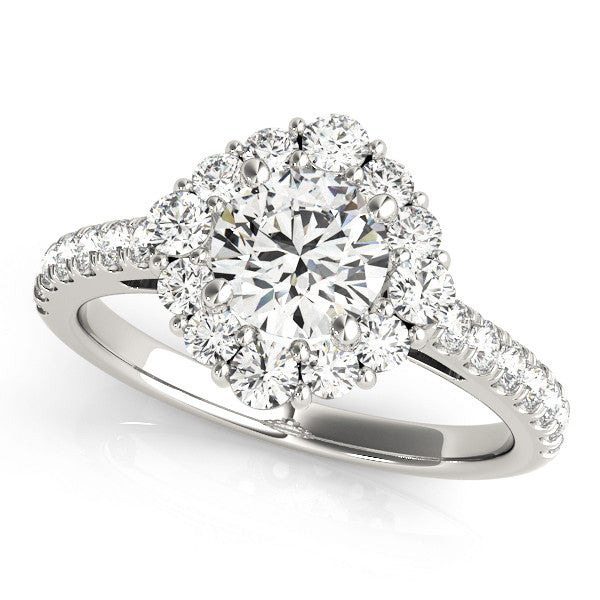 Platinum Round Halo Diamond Ring with Pavé Band and Four-Prong Setting