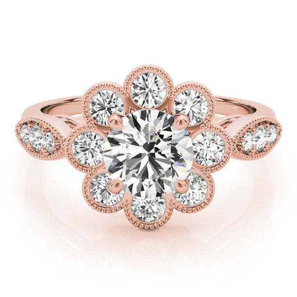 Rose gold Round Milgrain Halo Floral Diamond Ring with Split Shank and Four-Prong Setting
