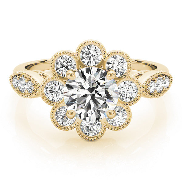 Yellow gold Round Milgrain Halo Floral Diamond Ring with Split Shank and Four-Prong Setting