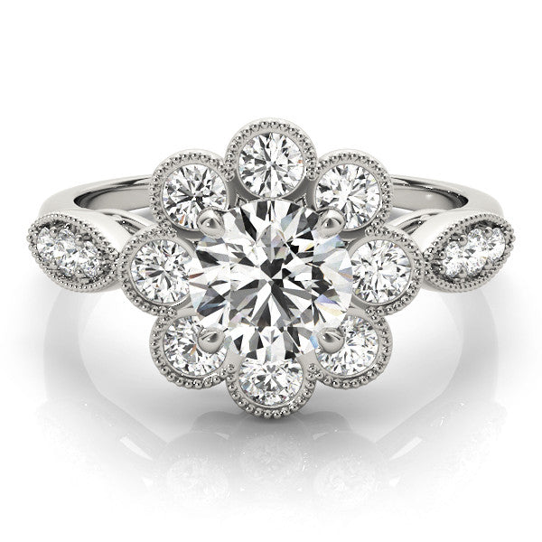 Silver Round Milgrain Halo Floral Diamond Ring with Split Shank and Four-Prong Setting