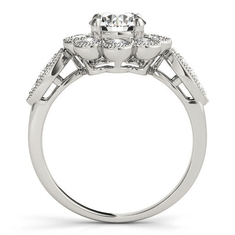 Silver Round Milgrain Halo Floral Diamond Ring with Split Shank and Four-Prong Setting