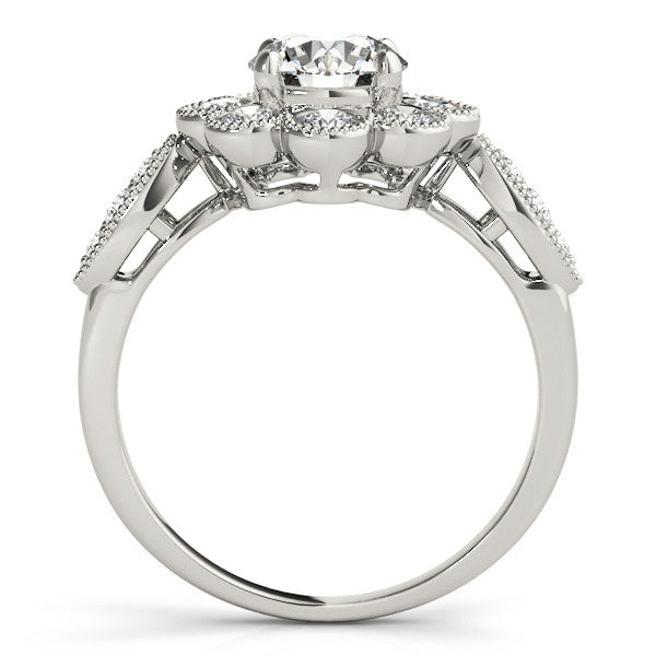 Platinum Round Milgrain Halo Floral Diamond Ring with Split Shank and Four-Prong Setting