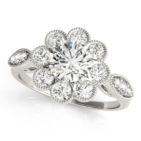 Platinum Round Milgrain Halo Floral Diamond Ring with Split Shank and Four-Prong Setting