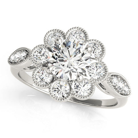 Silver Round Milgrain Halo Floral Diamond Ring with Split Shank and Four-Prong Setting