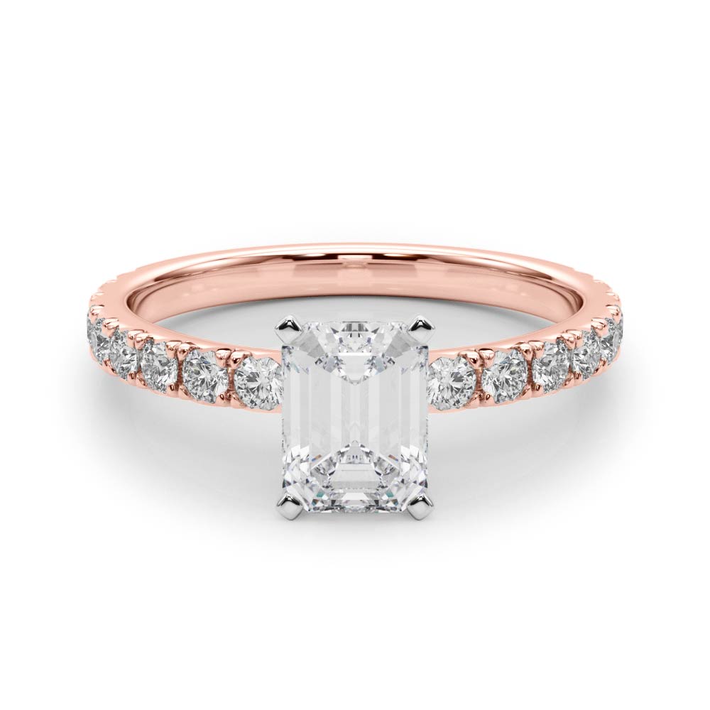 Rose gold Emerald Diamond Pavé Band Solitaire with Four-Prong Setting