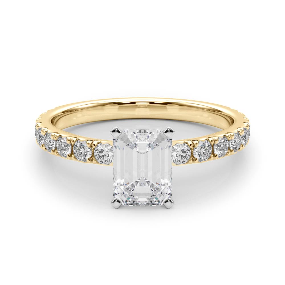 Yellow gold Emerald Diamond Pavé Band Solitaire with Four-Prong Setting
