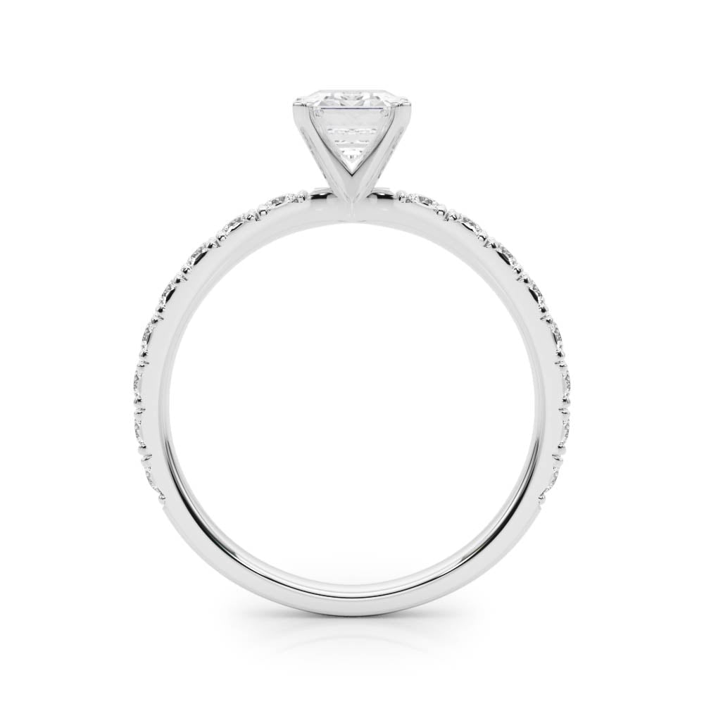 White gold Emerald Diamond Pavé Band Solitaire with Four-Prong Setting
