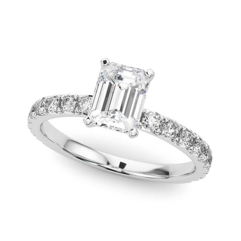 Platinum Emerald Diamond Pavé Band Solitaire with Four-Prong Setting