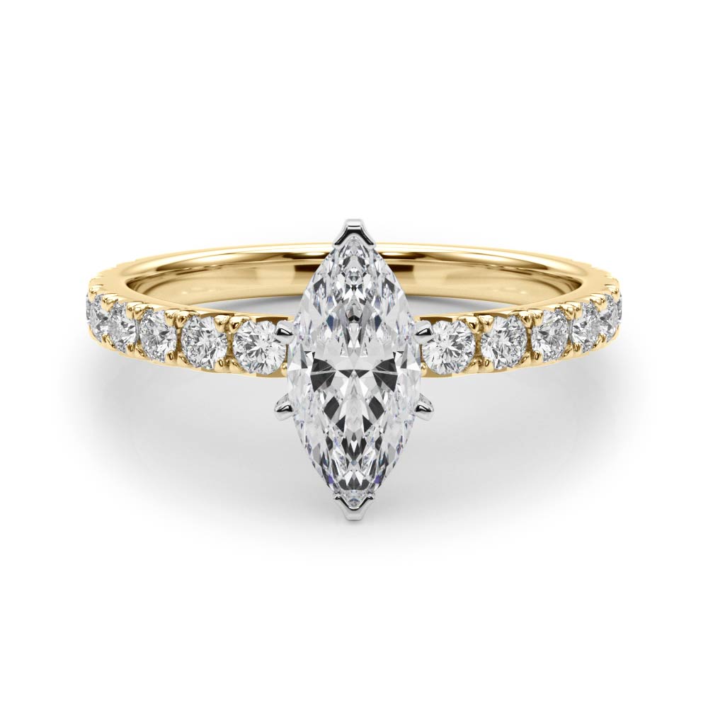 Yellow gold Marquise Diamond Pavé Band Solitaire with Four-Prong Setting