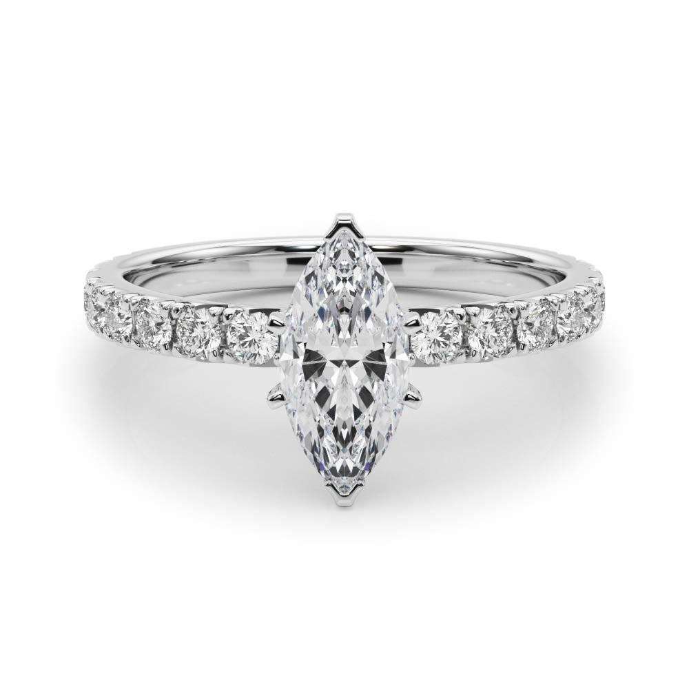 White gold Marquise Diamond Pavé Band Solitaire with Four-Prong Setting
