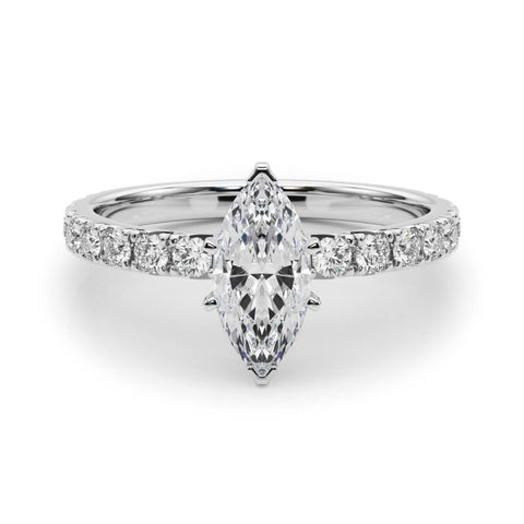 Silver Marquise Diamond Pavé Band Solitaire with Four-Prong Setting