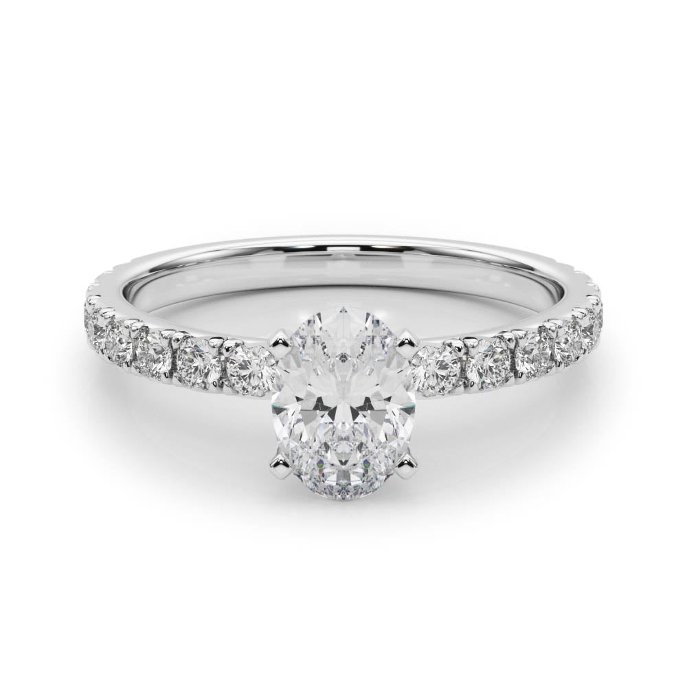 White gold Oval Diamond Pavé Band Solitaire with Four-Prong Setting