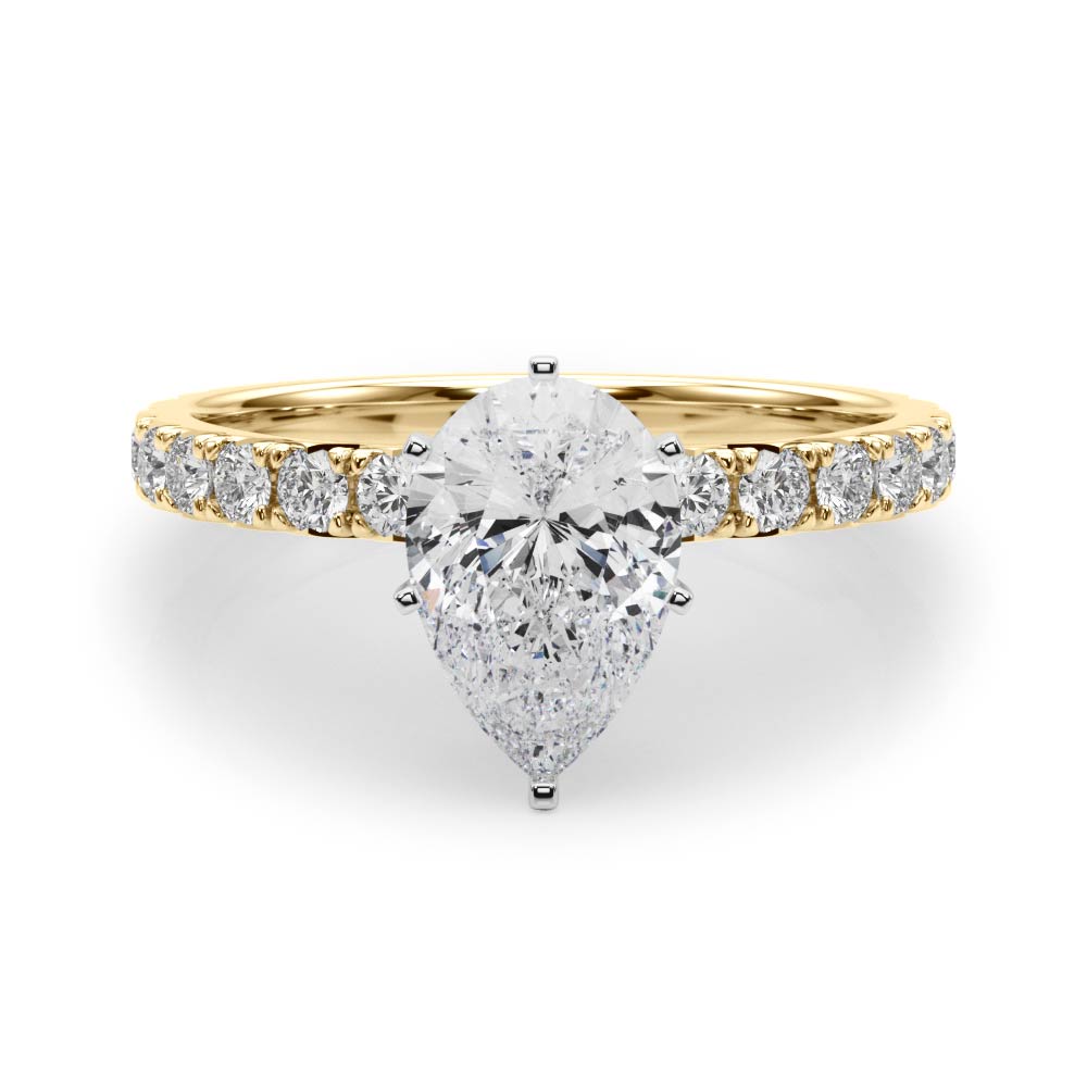 Yellow gold Pear Diamond Pavé Band Solitaire with Four-Prong Setting
