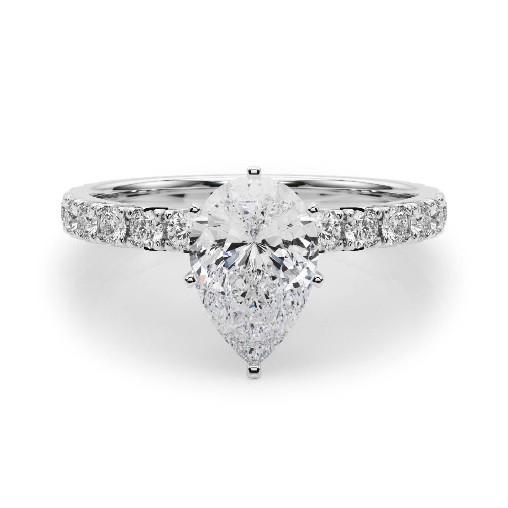 Platinum Pear Diamond Pavé Band Solitaire with Four-Prong Setting