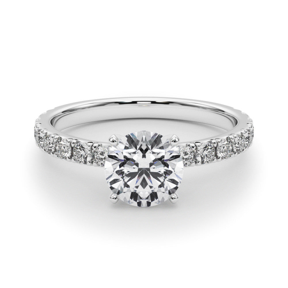 Platinum Round Diamond Pavé Band Solitaire with Four-Prong Setting