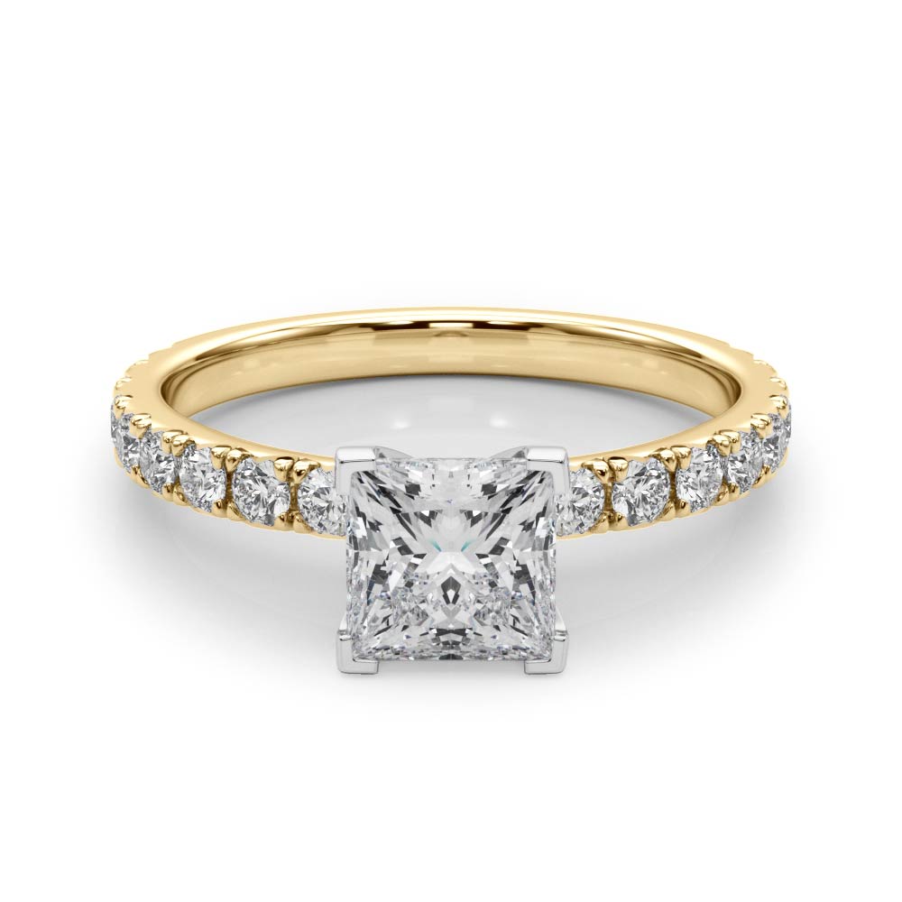 Yellow gold Princess Diamond Pavé Band Solitaire with Four-Prong Setting