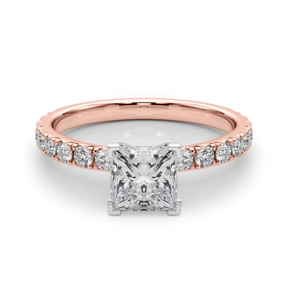 Rose gold Princess Diamond Pavé Band Solitaire with Four-Prong Setting
