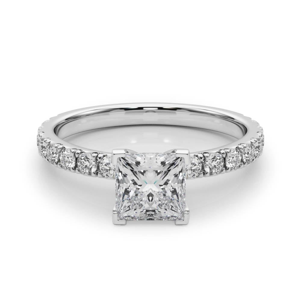 Platinum Princess Diamond Pavé Band Solitaire with Four-Prong Setting