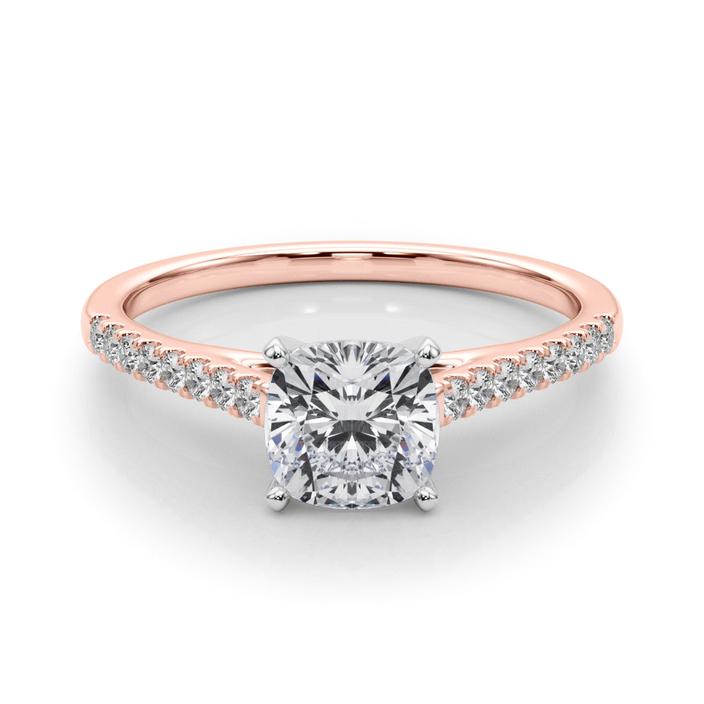Rose gold Cushion Cut Solitaire Diamond Ring with Pave Band and Four-Prong Setting