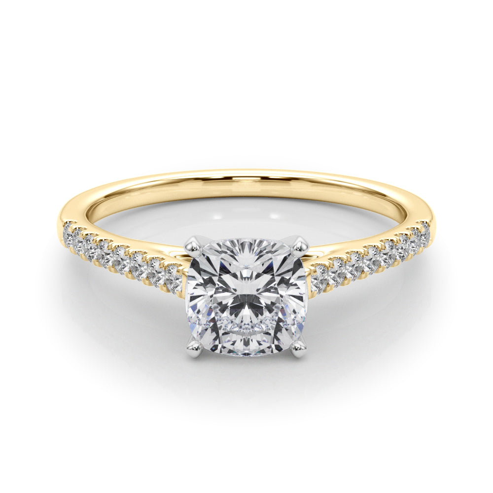 Yellow gold Cushion Cut Solitaire Diamond Ring with Pave Band and Four-Prong Setting