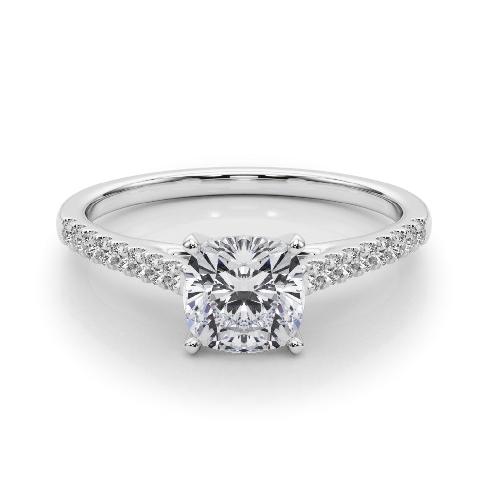 White gold Cushion Cut Solitaire Diamond Ring with Pave Band and Four-Prong Setting