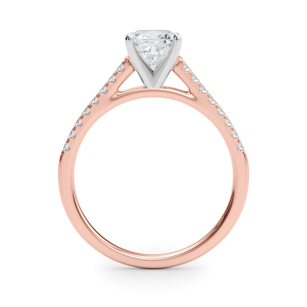 Rose gold Cushion Cut Solitaire Diamond Ring with Pave Band and Four-Prong Setting