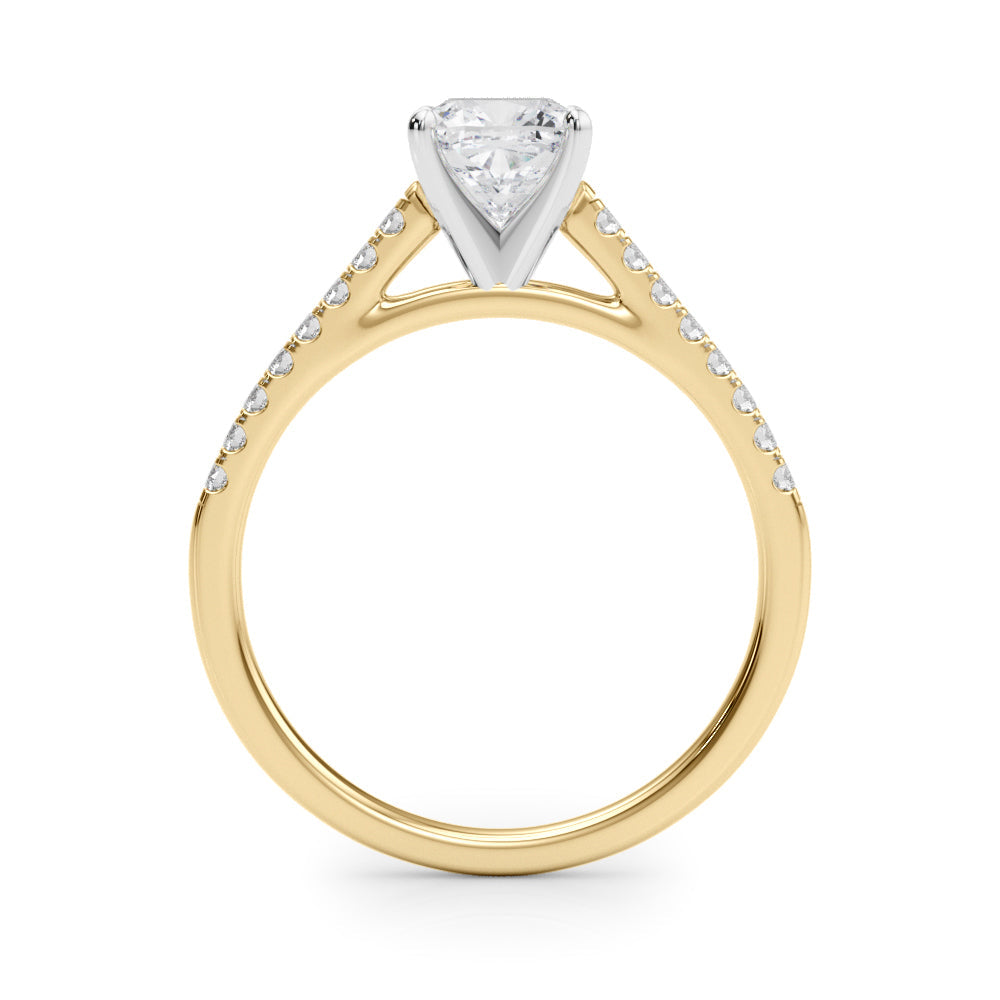 Yellow gold Cushion Cut Solitaire Diamond Ring with Pave Band and Four-Prong Setting
