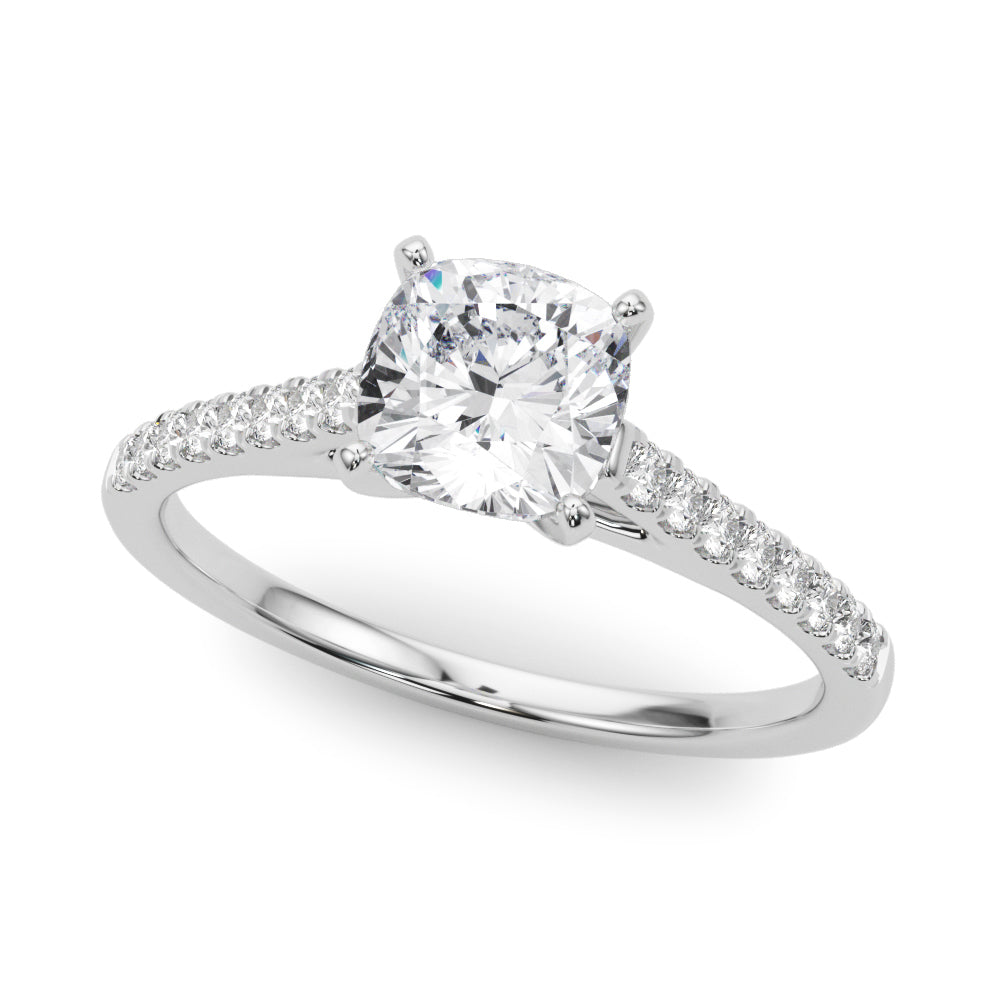 Platinum Cushion Cut Solitaire Diamond Ring with Pave Band and Four-Prong Setting