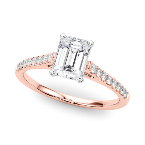 Rose gold Emerald Cut Solitaire Diamond Ring with Pave Band and Four-Prong Setting