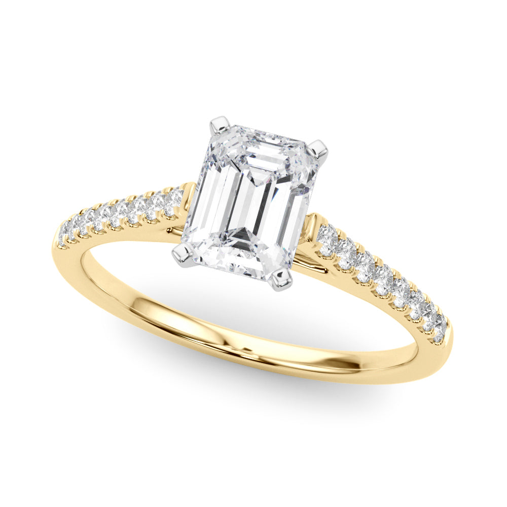 Yellow gold Emerald Cut Solitaire Diamond Ring with Pave Band and Four-Prong Setting