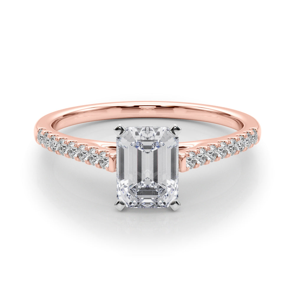 Rose gold Emerald Cut Solitaire Diamond Ring with Pave Band and Four-Prong Setting