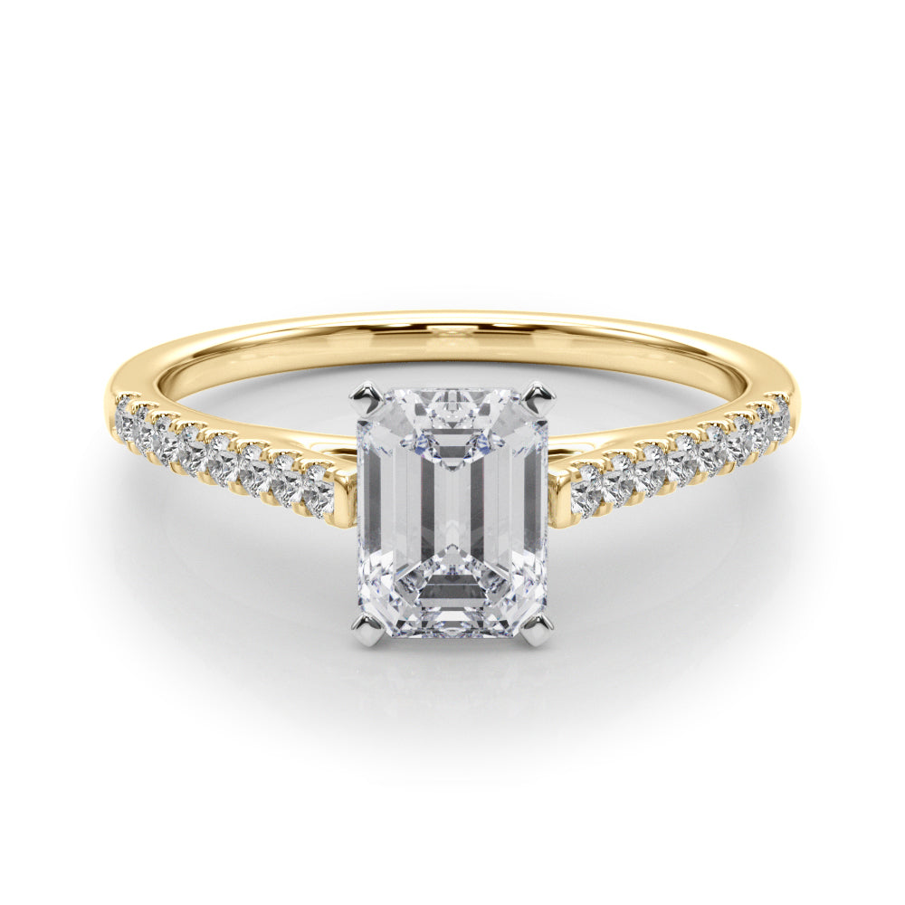 Yellow gold Emerald Cut Solitaire Diamond Ring with Pave Band and Four-Prong Setting