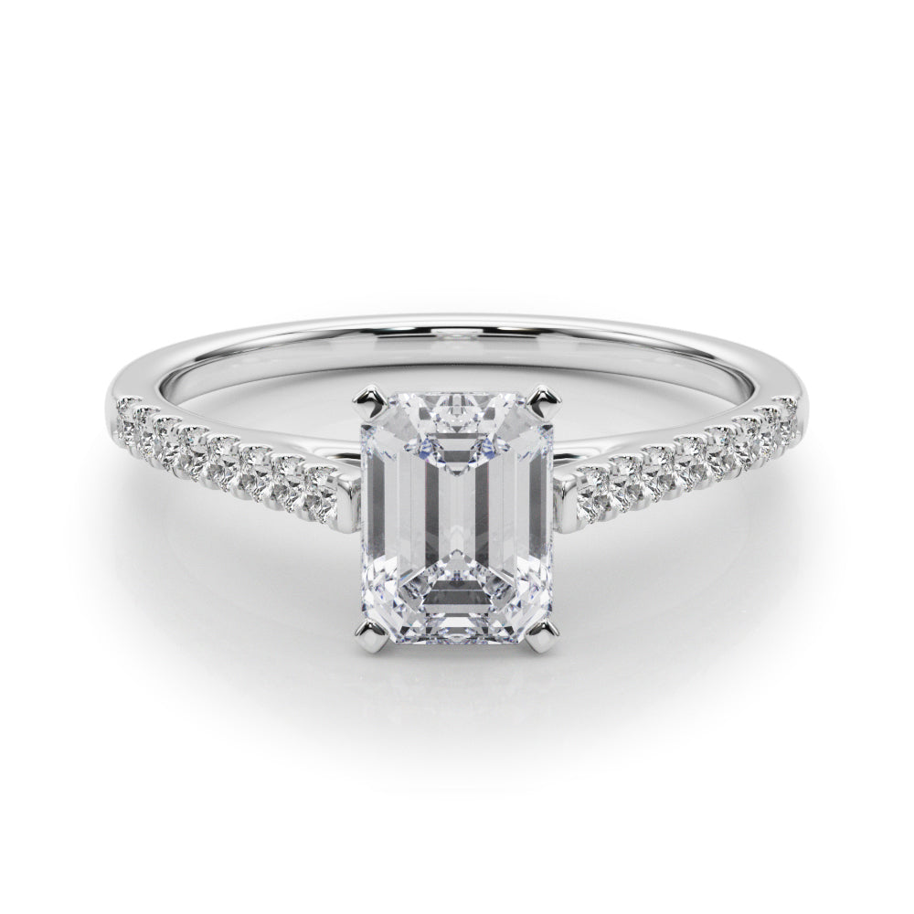 White gold Emerald Cut Solitaire Diamond Ring with Pave Band and Four-Prong Setting