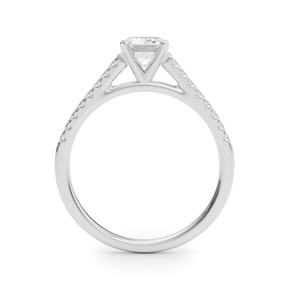 White gold Emerald Cut Solitaire Diamond Ring with Pave Band and Four-Prong Setting
