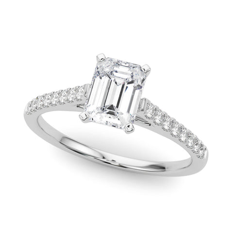 Platinum Radiant Cut Solitaire Diamond Ring with Pave Band and Four-Prong Setting