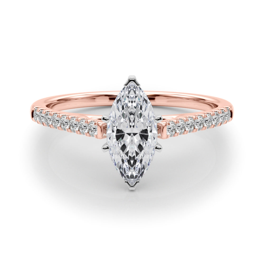 Rose gold Marquise Cut Solitaire Diamond Ring with Pave Band and Four-Prong Setting
