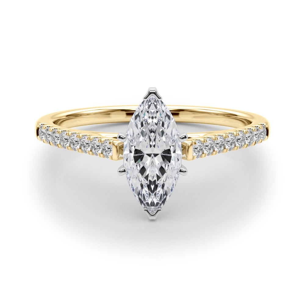 Yellow gold Marquise Cut Solitaire Diamond Ring with Pave Band and Four-Prong Setting