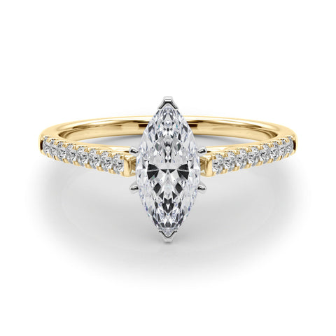 Yellow gold Marquise Cut Solitaire Diamond Ring with Pave Band and Four-Prong Setting