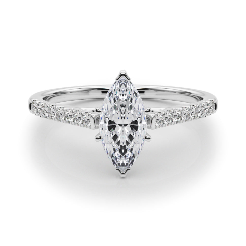 White gold Marquise Cut Solitaire Diamond Ring with Pave Band and Four-Prong Setting