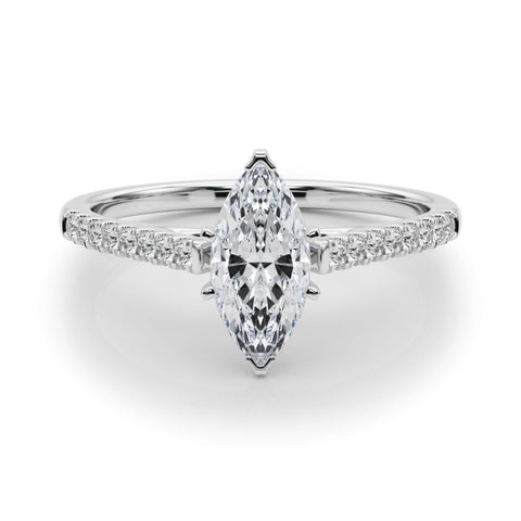 White gold Marquise Cut Solitaire Diamond Ring with Pave Band and Four-Prong Setting