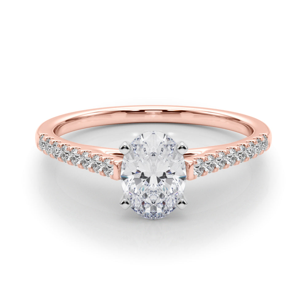Rose gold Oval Cut Solitaire Diamond Ring with Pave Band and Four-Prong Setting