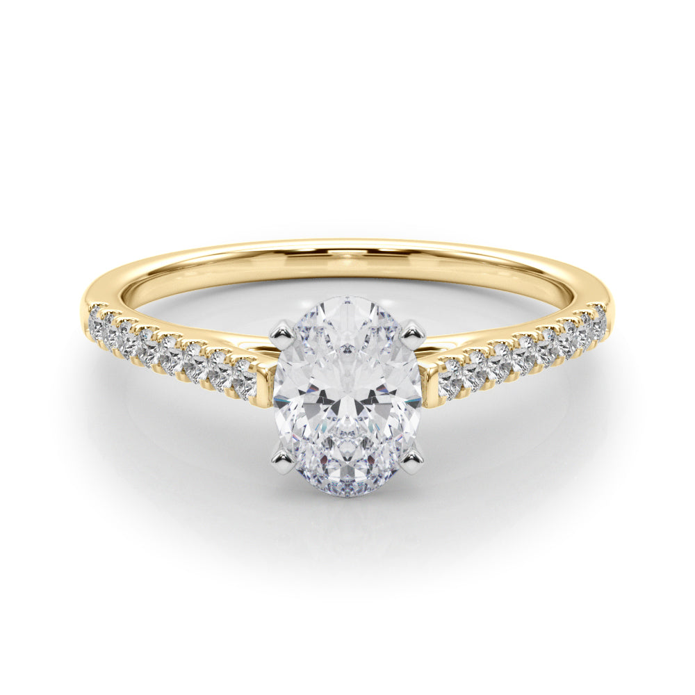 Yellow gold Oval Cut Solitaire Diamond Ring with Pave Band and Four-Prong Setting