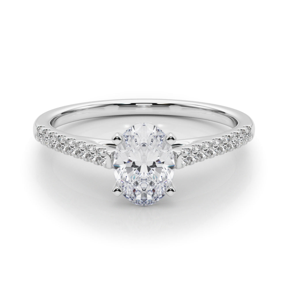 White gold Oval Cut Solitaire Diamond Ring with Pave Band and Four-Prong Setting