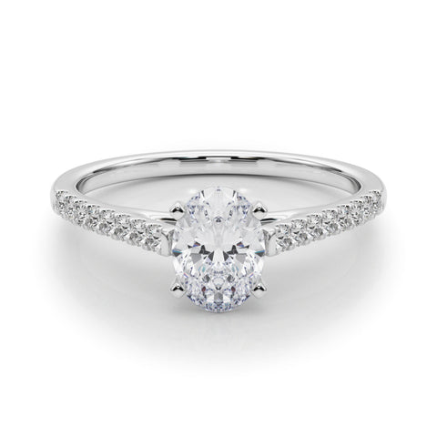 White gold Oval Cut Solitaire Diamond Ring with Pave Band and Four-Prong Setting