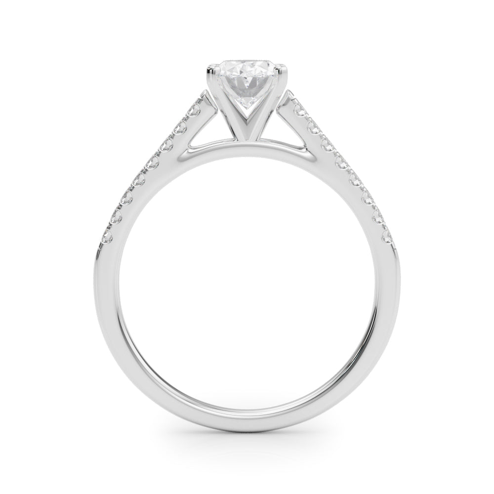 Platinum Oval Cut Solitaire Diamond Ring with Pave Band and Four-Prong Setting